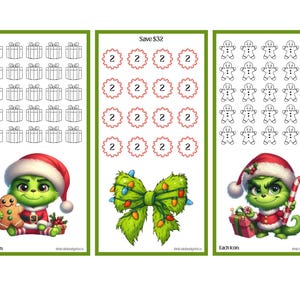 May include: Three Christmas-themed savings trackers with green borders. Each tracker features a different design: gift boxes, the text "Save £32" with circles, and gingerbread men. The Grinch is featured on two trackers.