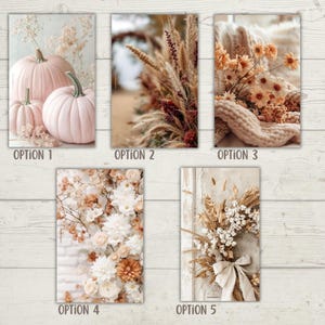 May include: A collection of five rectangular prints featuring seasonal imagery: pale pink pumpkins, dried wheat and grasses, orange flowers on a knit blanket, white and peach floral arrangements, and a dried wreath with a white ribbon bow.