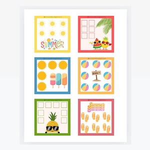 May include: A sheet of colorful summer-themed printable activity pages. The pages feature illustrations of suns, popsicles, beach balls, and fruit characters. Text includes "Summer" and "Beach".