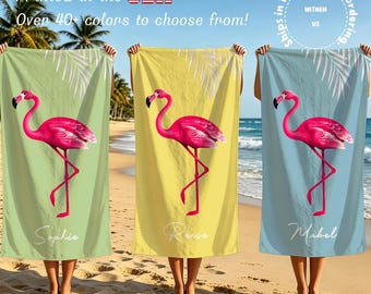 Gepersonaliseerde extra grote handdoek met flamingoprint, ideaal verjaardagscadeau, strandcadeau, vakantiehanddoek, reiscadeau of handdoek voor een evenement.