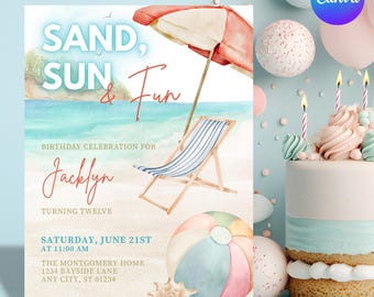 Editable Beach Birthday Invitation, Summer Party, Canva Template (Digital Download)