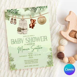 Editable Safari Baby Shower Invitation, A Little Wild One, Baby Jungle Theme Invite, Clothesline Greenery Shower, Editable Canva Template