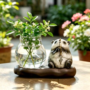 Personalized Panda Fishing Hydroponic Planter, Glass Vase Desktop Decor, Ceramic Animal Plant Pot, Unique Office Cat Figurine Desk Planter