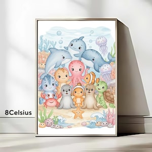 Cute Ocean Animals Poster for Kids Room Decor | Underwater Sea Life Wall Art | Nursery Printable Art for Baby, Toddler, or Classroom