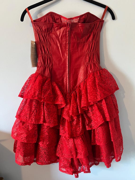 Leather and Lace ~ Vintage 80s Red Strapless Corset Dress ~ Rocker ~ Size: 1/2