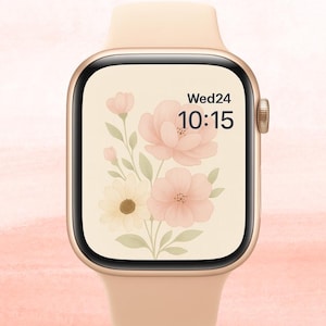 May include: A gold-colored smartwatch with a blush-colored band. The watch face displays a floral design with pink and white flowers, green leaves, and the time, 10:15, and the day, Wed24.