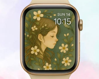Fondo de pantalla floral vintage para Apple Watch: Cara de reloj PNG de chica romántica (descarga digital)