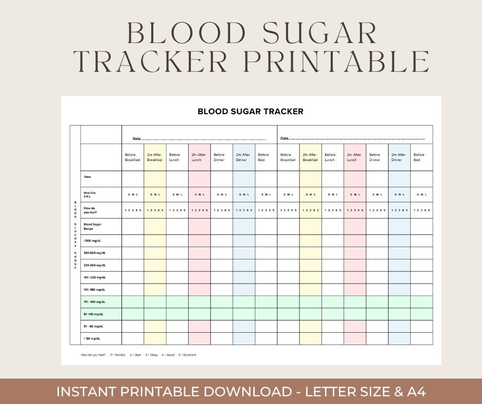 Blood Sugar Tracker Printable | Daily Glucose Log, Meal & Mood Chart ...