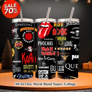 Rock & Metal Band Logo Collage | 20oz Tumbler Wrap PNG | Rock Music Lover Gift | Music Lover Tumbler wraps | High-Res Digital Download