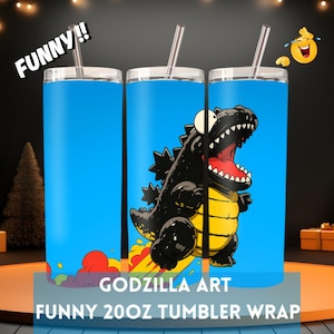 Godzilla Fire Fart 4K Tumbler Wrap – Funny Cartoon Kaiju Flying with Flatulence | Godzilla PNG | lizard funny tumbler wrap| 20oz Sublimation