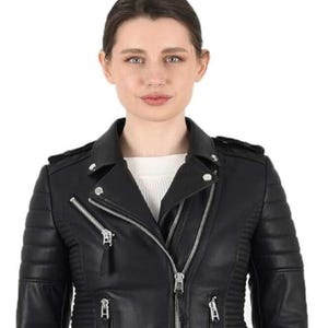 Slim Fit Women's Black Leather Motorcycle Jacket – Diamond Quilted Design