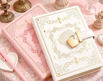 Lockable Vintage Journal • Heart Lock & Key • Floral Rose Pattern • A5 Leatherette Notebook • Secret Diary Gift, Princess Diary