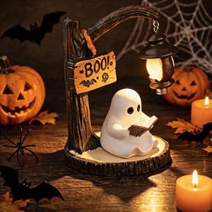 May include: A decorative Halloween lamp featuring a white ghost sitting and reading a book under a hanging lantern. The lamp is attached to a dark brown tree-like post with a wooden sign that reads BOO! with a small bat and ghost icon.