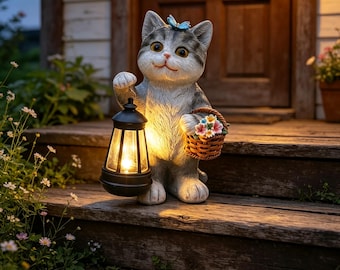 Katzenfigur mit Solarbeleuchtung für den Garten, niedliche Katzen-Gartendekoration, Rasenfigur mit Solarlaterne, Geschenk für Katzenliebhaber