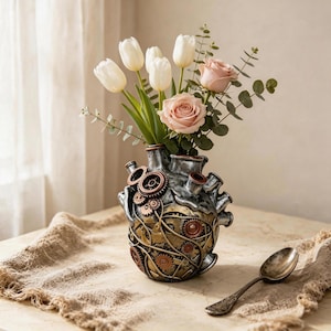 May include: A heart-shaped vase with a metallic silver and gold finish, decorated with various raised gears and mechanical components. The vase contains a bouquet of white tulips, a single pink rose, and green eucalyptus stems.