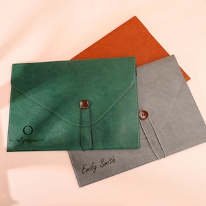 Personalized Button-Fastened Leather File Bag, Waterproof File Folder With Carving Logo, Custom Leather Document Storage Bag With Name