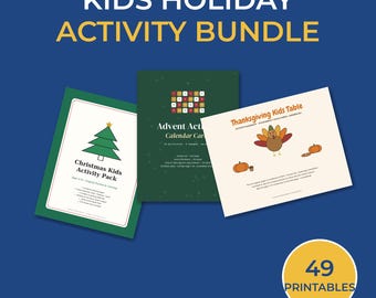 Puede incluir: Un paquete de actividades navideñas para niños con tres documentos imprimibles: un paquete de actividades de Navidad con un árbol, un juego de tarjetas de calendario de Adviento y una hoja de mesa de Acción de Gracias con un pavo y calabazas.