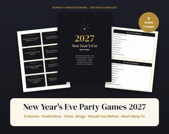 Puede incluir: Un conjunto de juegos para la fiesta de fin de año 2027 que incluye tarjetas de predicciones, trivia, bingo, preguntas de dilemas y de probabilidad. La colección imprimible en negro y dorado contiene 6 juegos en 17 páginas con estrellas.