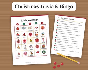 Puede incluir: Un juego de trivia y bingo navideño que incluye una tarjeta de bingo con iconos festivos como adornos y hombres de jengibre, y una hoja de trivia titulada Round 1: Christmas Classics con quince preguntas numeradas y un lápiz amarillo.