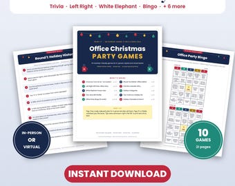 Puede incluir: Un conjunto de juegos imprimibles para fiestas de Navidad en la oficina que incluyen trivia, bingo y otras actividades. Los documentos contienen texto como Office Christmas Party Games, Round 1: Holiday History y Office Party Bingo, con una insignia de 10 games 21 pages.