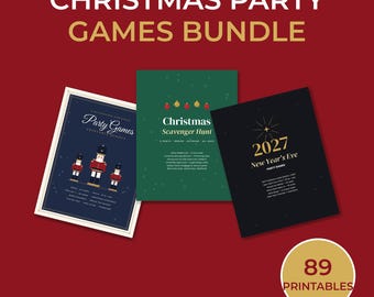 Puede incluir: Un paquete de juegos para fiestas navideñas con tres sets imprimibles: una hoja de juego azul oscuro con temática de cascanueces, una búsqueda del tesoro navideña verde y una tarjeta de juego negra para Nochevieja 2027.