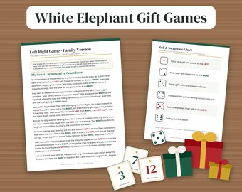 Puede incluir: Juego de regalo White Elephant que incluye una hoja de historia Left Right Game, una tabla de dados Roll & Swap, tarjetas numeradas e ilustraciones de tres cajas de regalo envueltas en rojo, verde y amarillo con lazos dorados.