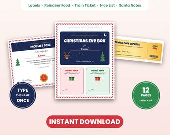 Puede incluir: Un kit de caja para Nochebuena que incluye etiquetas, un certificado de lista de niños buenos y un billete de tren North Pole Express. Contiene campos editables, gráficos festivos de renos y árboles, y el texto Christmas Eve Box y Do Not Open.