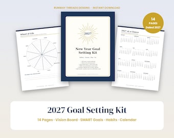 Puede incluir: Un kit de establecimiento de metas para 2027 de 14 páginas que incluye una evaluación de la Rueda de la Vida, una portada de New Year Goal Setting Kit y un calendario 2027 at a Glance. Diseño con acentos azul marino y dorados.