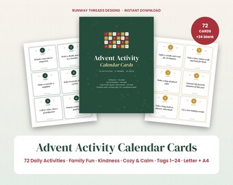Puede incluir: Un conjunto de tarjetas de actividades de Adviento imprimibles que incluye una portada verde oscuro con una cuadrícula de cuadrados numerados. El set contiene 72 tarjetas de actividades y 24 tarjetas en blanco con textos para tareas diarias.