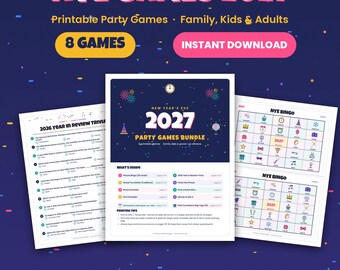 Puede incluir: Una colección digital de juegos imprimibles para la fiesta de Nochevieja de 2027, que incluye una portada, una hoja de trivia del año 2026 y dos cartones de bingo de Año Nuevo con iconos coloridos sobre un fondo azul oscuro.