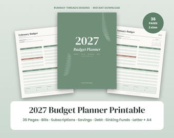 Puede incluir: Un conjunto de planificador de presupuesto imprimible 2027 con una portada verde salvia y texto blanco 2027 Budget Planner, flanqueado por dos páginas interiores tituladas February Budget y January Budget con tablas para el seguimiento.