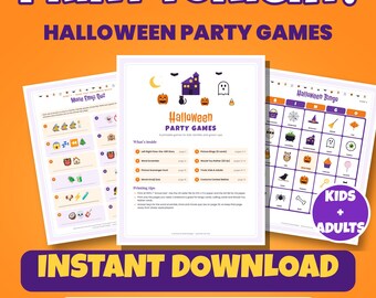 Puede incluir: Un conjunto de juegos de fiesta de Halloween imprimibles que incluye un cuestionario de emojis de películas, una tarjeta de bingo y una hoja de instrucciones. Las páginas incluyen gráficos naranjas y morados de calabazas, fantasmas y una casa embrujada. El texto incluye PRINT TONIGHT!, HALLOWEEN PARTY GAMES, INSTANT DOWNLOAD, 8 GAMES, 21 PAGES y KIDS + ADULTS.