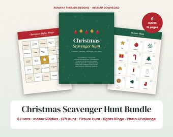 Puede incluir: Un paquete de búsqueda del tesoro navideña que incluye una portada verde oscuro con adornos rojos y dorados, una tarjeta de bingo de luces navideñas con borde rojo y una hoja de búsqueda de imágenes con iconos festivos.