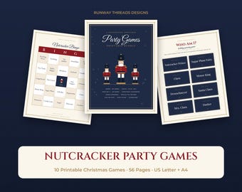 Puede incluir: Un conjunto de juegos de fiesta imprimibles de Cascanueces con tres hojas de juego en fondos azul oscuro y crema. El texto incluye Nutcracker Party Games, Nutcracker Bingo y Who Am I, con ilustraciones de figuras de cascanueces.