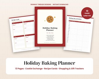 Puede incluir: Un planificador digital de repostería navideña de 13 páginas en tamaños Letter y A4. El conjunto incluye una portada con un gráfico de galleta, tarjetas de recetas y un horario de horneado. Diseño en colores rojo y crema con texto negro.