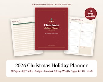 Puede incluir: Un planificador de vacaciones de Navidad 2026 de 23 páginas con una cubierta de color rojo oscuro, un gráfico de árbol y el texto Christmas Holiday Planner 2026 Edition. Incluye una página de seguimiento de regalos y una semanal.