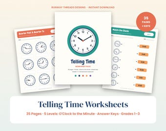 Puede incluir: Un paquete de hojas de trabajo digitales titulado Telling Time que contiene 35 páginas de ejercicios educativos. La portada muestra una gran ilustración de un reloj, mientras que las páginas interiores presentan varios relojes analógicos.