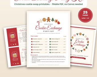 Puede incluir: Un kit de fiesta de intercambio de galletas de 25 páginas con invitaciones, letreros, tarjetas de mesa, papeletas y premios imprimibles con temática navideña, decorados con ilustraciones de hombres de jengibre, bastones y galletas.