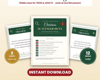 Puede incluir: Un juego de búsqueda del tesoro navideño para adolescentes y adultos con tarjetas de acertijos imprimibles. La página central detalla el contenido, incluyendo 12 acertijos, guías y etiquetas. Texto: 'Christmas Scavenger Hunt' e 'INSTANT DOWNLOAD'.