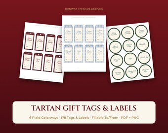 Puede incluir: Tres hojas de etiquetas de regalo imprimibles con diseños rectangulares de cuadros rojos y azules y etiquetas circulares con borde verde. Cada etiqueta incluye frases festivas y líneas para completar los nombres.
