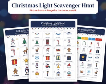 Puede incluir: Tres hojas de actividades imprimibles para una búsqueda del tesoro de luces navideñas y un juego de bingo. Las páginas presentan iconos coloridos de artículos festivos como muñecos de nieve, bastones de caramelo y renos con casillas.