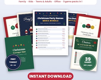 Puede incluir: Un paquete de juegos para fiestas navideñas que incluye 9 sets y 39 juegos en total. La colección contiene hojas imprimibles para trivia, bingo, intercambio de regalos y búsquedas del tesoro, con texto que detalla el contenido y formatos.