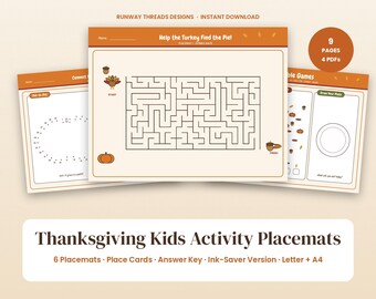 Puede incluir: Un conjunto de manteles individuales de actividades imprimibles de Acción de Gracias para niños que incluyen un laberinto titulado Help the Turkey Find the Pie, rompecabezas de unir puntos y actividades de dibujo con detalles en naranja y marrón.