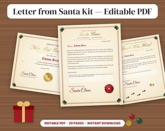 Puede incluir: Un kit de carta de Papá Noel con tres documentos PDF editables en papel color crema, con bordes rojos y verdes y detalles de acebo. Las páginas incluyen un certificado oficial de la lista de los buenos y una carta de Papá Noel.