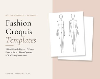 Puede incluir: Plantillas de croquis de moda con proporciones de figura de 9 cabezas en 3 poses, incluyendo vistas frontal, trasera y de tres cuartos. El archivo digital incluye formatos PDF y PNG transparente.