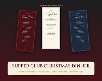 Puede incluir: Tres tarjetas de menú rectangulares verticales tituladas The Christmas Supper Club December 25, que presentan platos como Champagne & Oysters, Beef Wellington y Chocolate Yule Log. Las tarjetas son de color rojo oscuro, crema y azul marino.