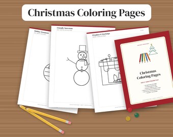 Puede incluir: Un conjunto de páginas para colorear de Navidad con dibujos lineales de un muñeco de nieve, una chimenea con calcetines y un adorno navideño. La portada muestra el texto Christmas Coloring Pages y dos lápices amarillos.
