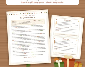 Puede incluir: Un juego imprimible de Thanksgiving Left Right que incluye la historia The Great Pie Rescue, instrucciones de juego y un formato de intercambio de regalos. Los documentos son blancos con texto marrón y hojas de colores.