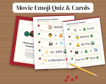 Puede incluir: Tres hojas impresas de un juego de cuestionario de películas navideñas con emojis y villancicos. Las páginas muestran listas numeradas con combinaciones de emojis y textos como Alone, Before y How the Heart Stole Christmas. Incluye un lápiz amarillo.