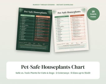 Puede incluir: Dos gráficos digitales titulados Pet-Safe Houseplants, que enumeran plantas seguras y tóxicas para gatos y perros. Uno tiene un fondo verde oscuro, el otro es blanco. Ambos incluyen una insignia verde que indica 28 PLANTS 6 sizes.
